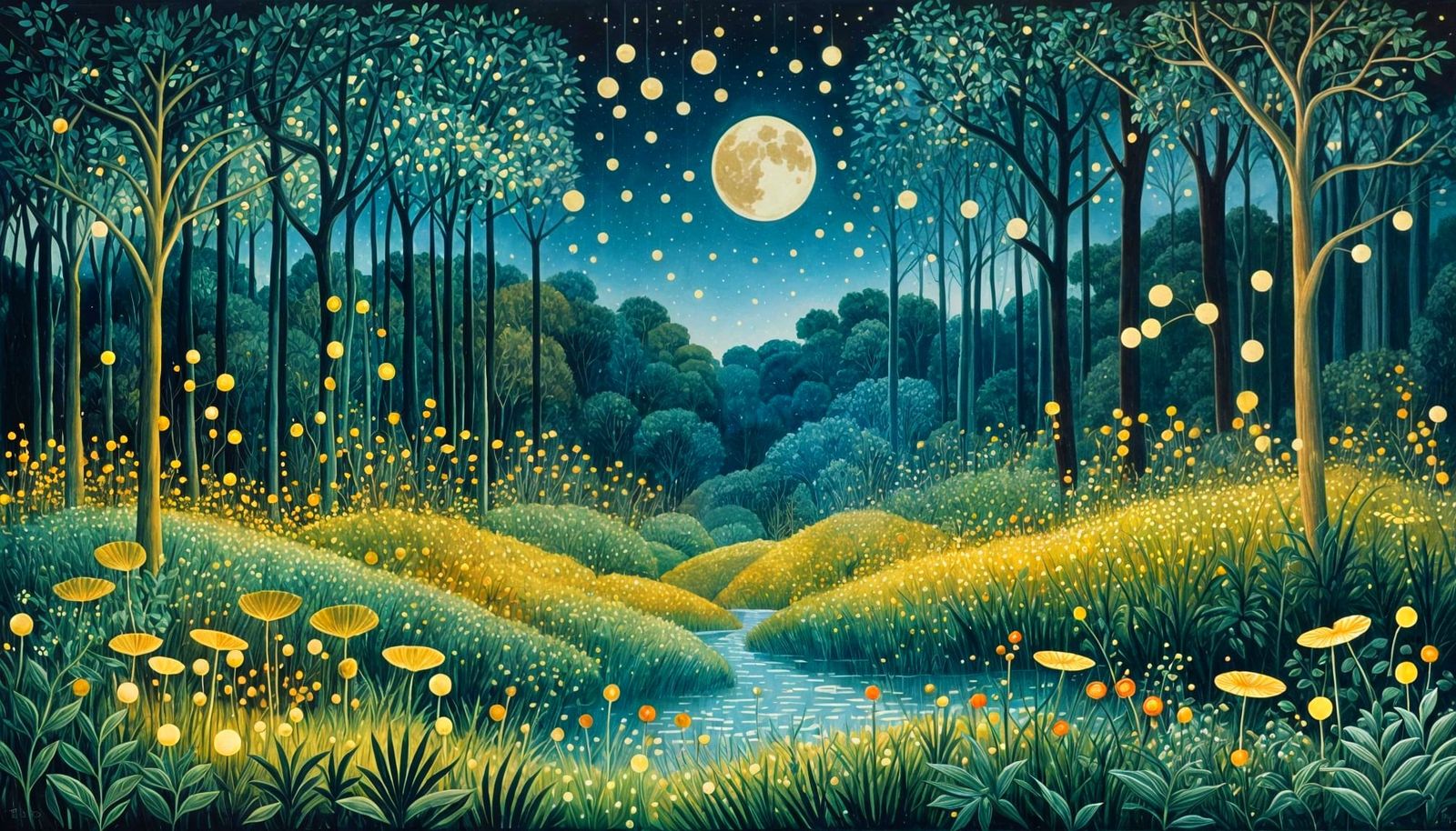 Night scene with forest and river