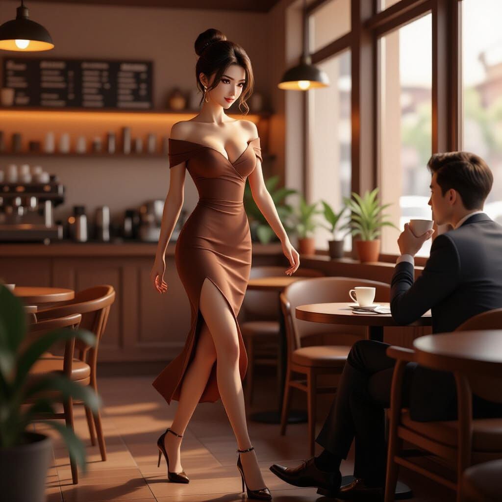 Beautiful Woman Walking in Coffee Shop: Anime Style