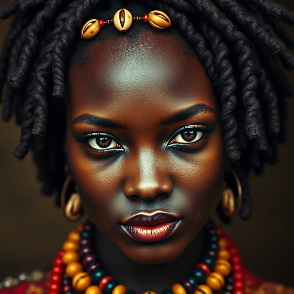 Portrait of a Woman with Vibrant Dreadlocks and Bold Adornme...