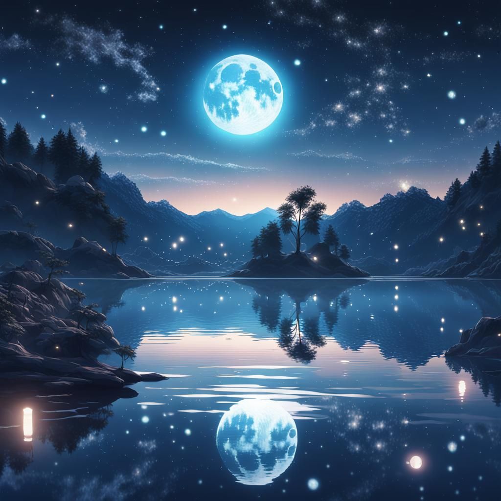 Serene Lake Reflects Starry Night in Anime Style
