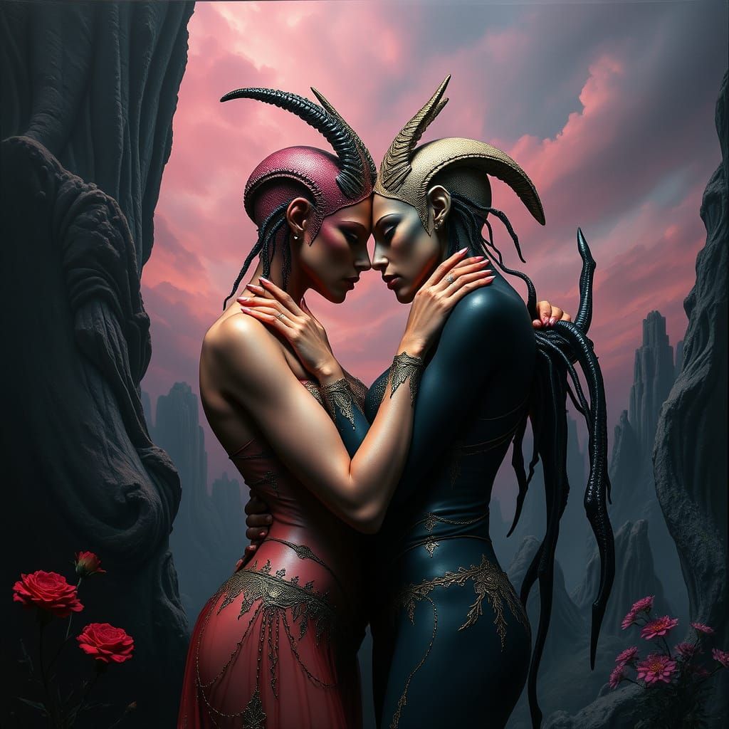 Gothic Lovers Entwined in a Dark, Vibrant Surreal Landscape