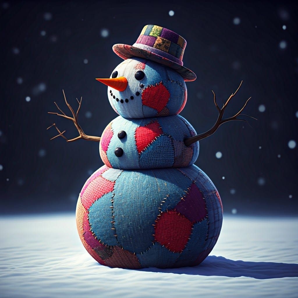 Whimsical 3D Patchwork Snowman in Winter Wonderland