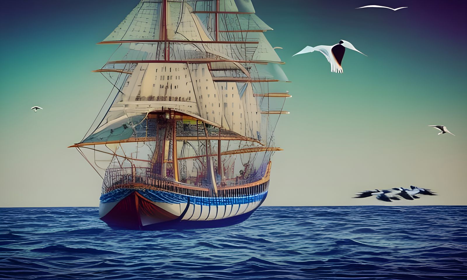 Sailing Ship Amidst Waves and Seagulls: Hyperrealistic Photo