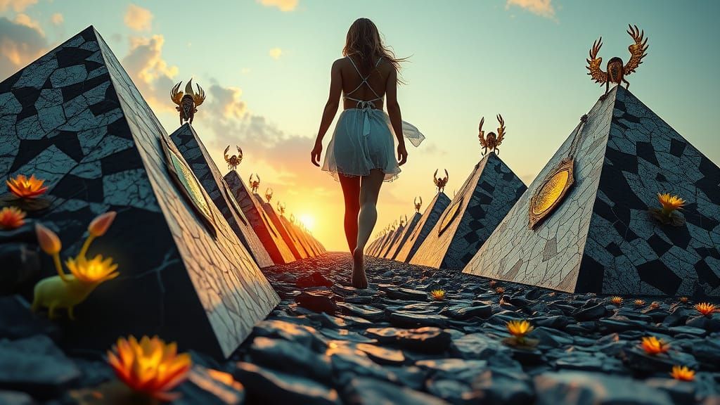 Mystical Woman Amidst Vibrant Surrealist Landscapes