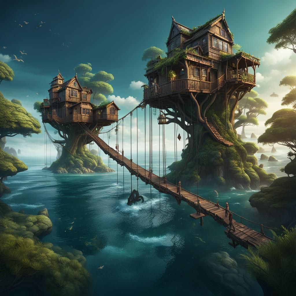 Ocean Treehouses in a Fantastical Digital Painting
