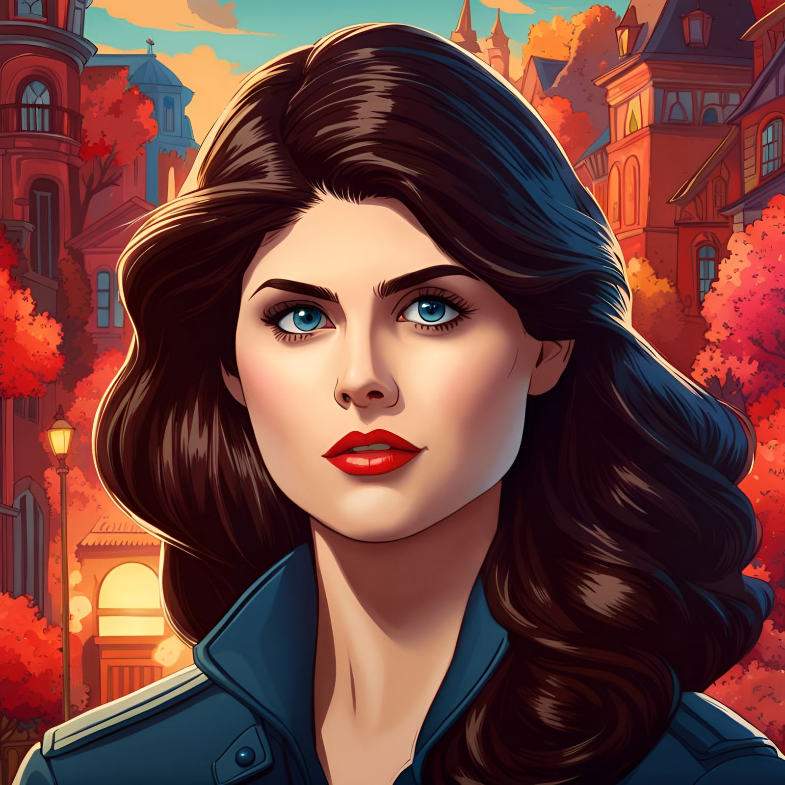 Cartoon Alexandra Daddario with Beautiful Background