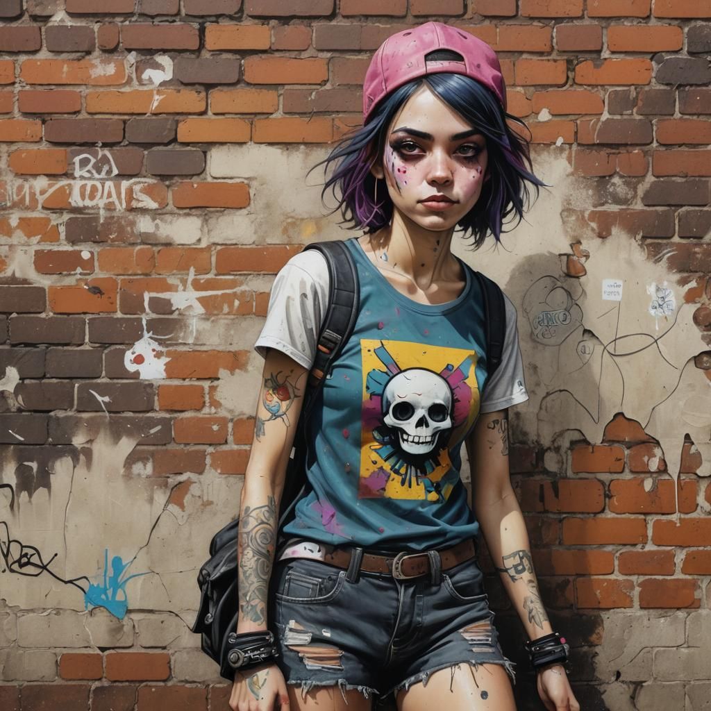 Skater Girl Graffiti Art in Art Brut Style