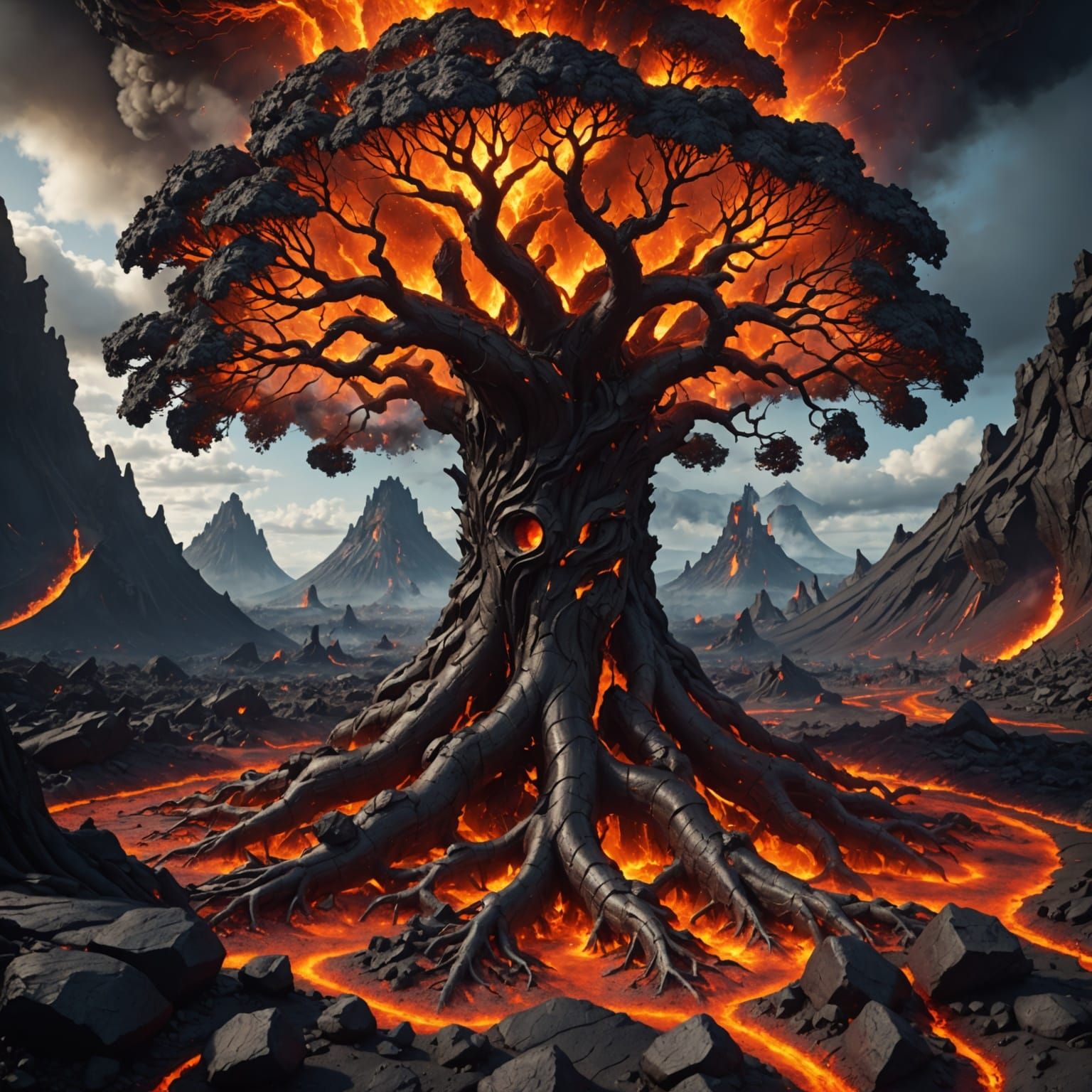 A metallic tree grows in the middle of the lava in the mouth...