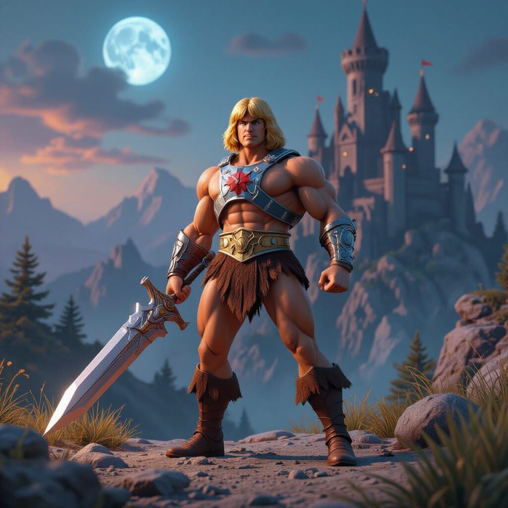 He-Man Action Figure in a Grayskull Landscape