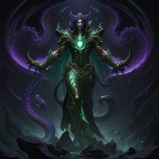 Emerald Serpent Coils in Gemstone Cave: Dark Fantasy Art