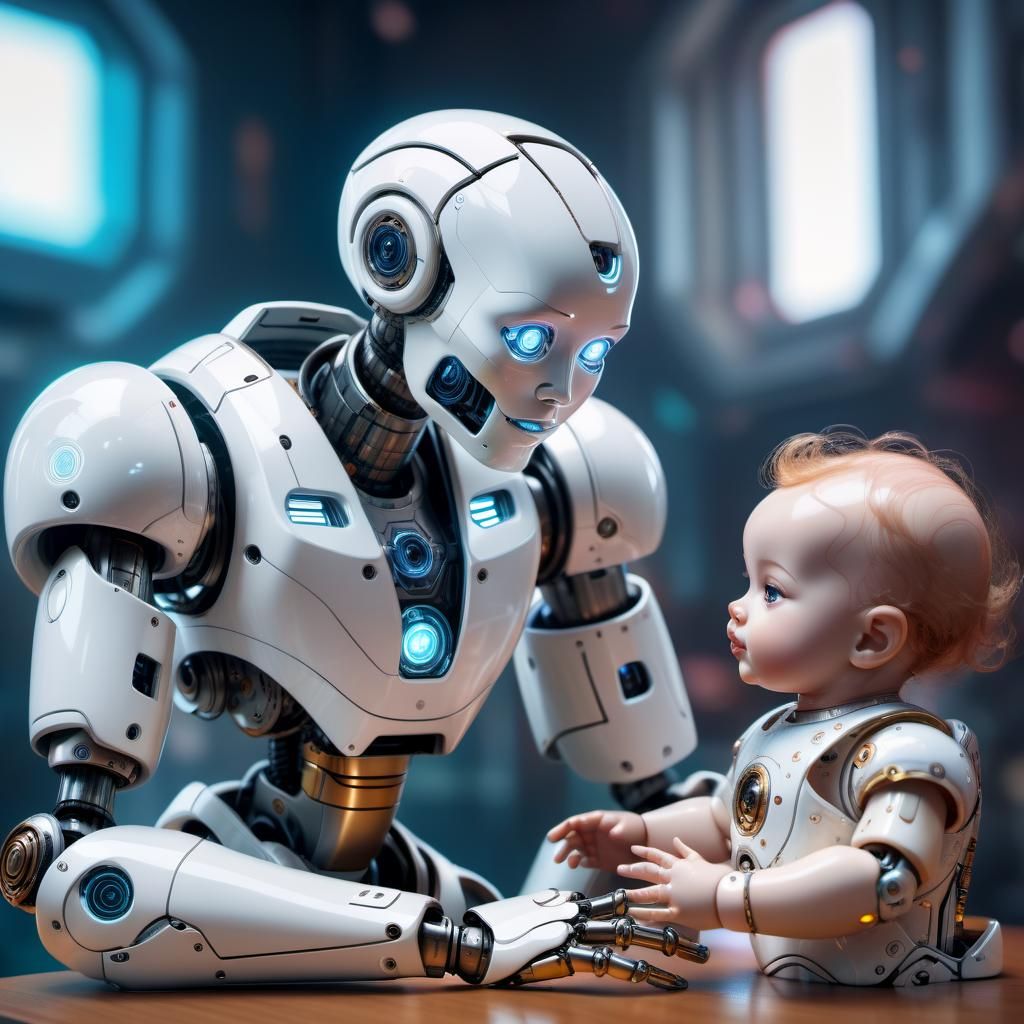 Futuristic Robot Tenderly Plays with Doll