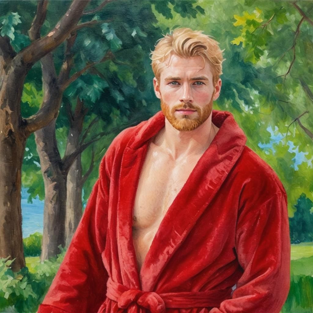 Elegant Hirsute Blond Man in Velvet Bathrobe