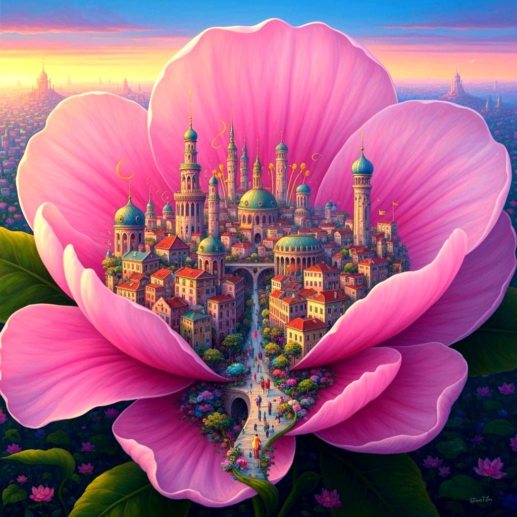 Bustling City Rests Inside Giant Pink Blossom