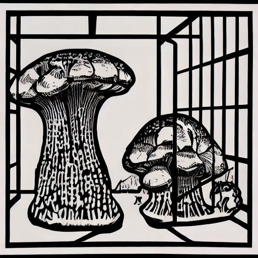 Fly Agaric Mushrooms in Black and White Linocut