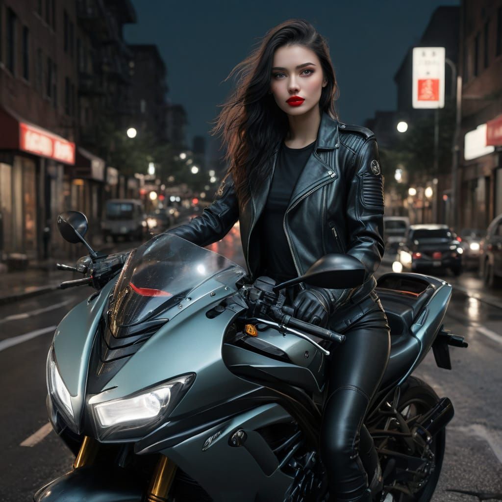Confident Biker Woman in City Night