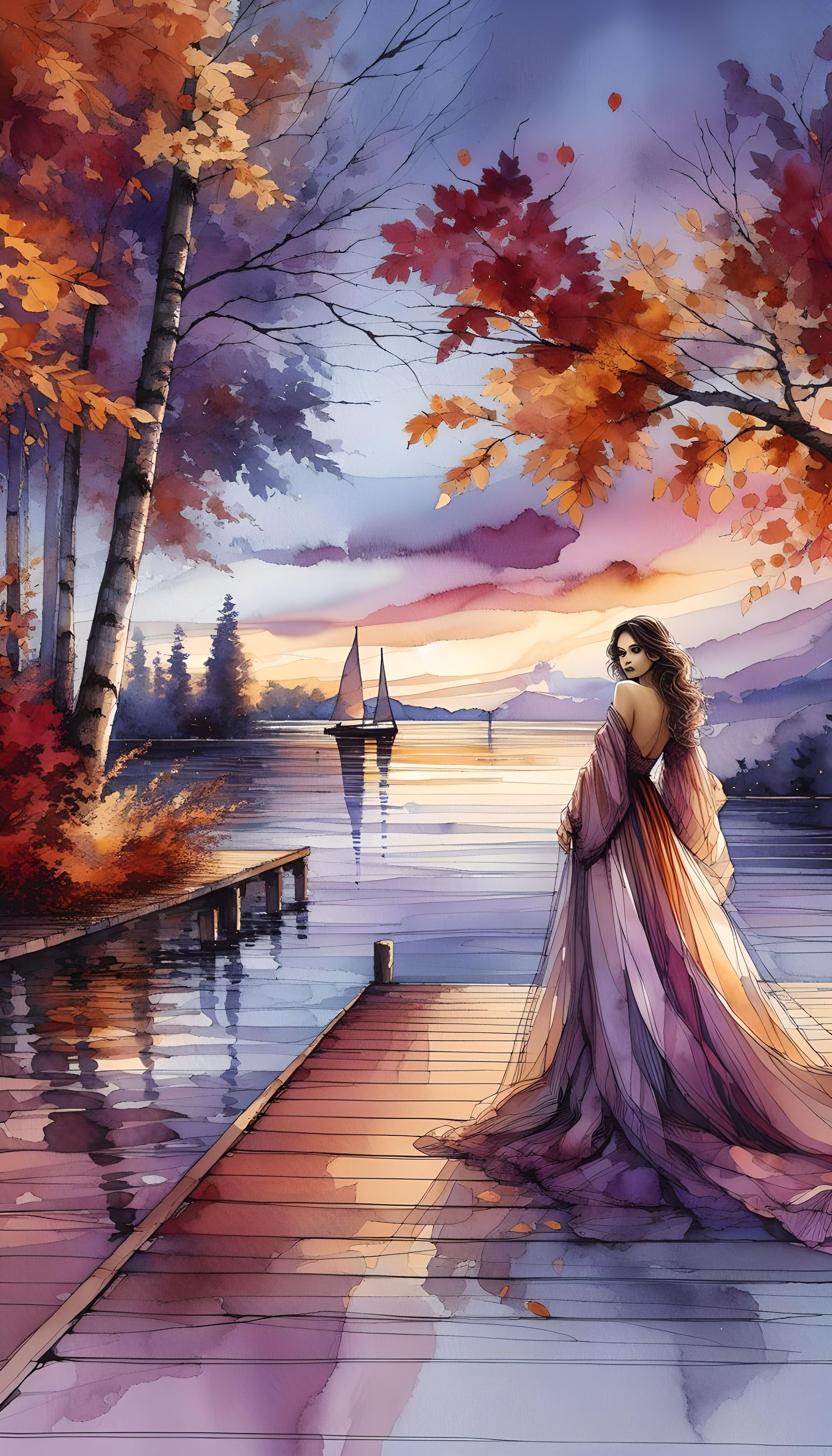 Autumnal Woman on Pier in Watercolor Ink