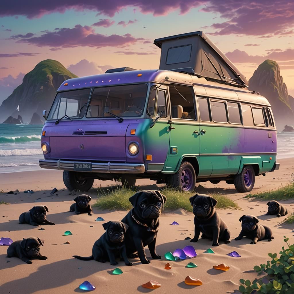 Motorhome on Beach with Pug Puppies: Fantasy Art