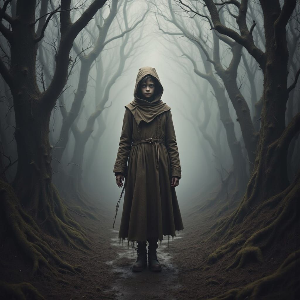 Sinister Boy in Dark Forest Silhouette