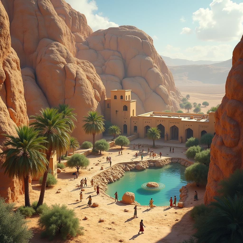 Hidden Desert Oasis with Caravanserai: Fantasy Concept Art