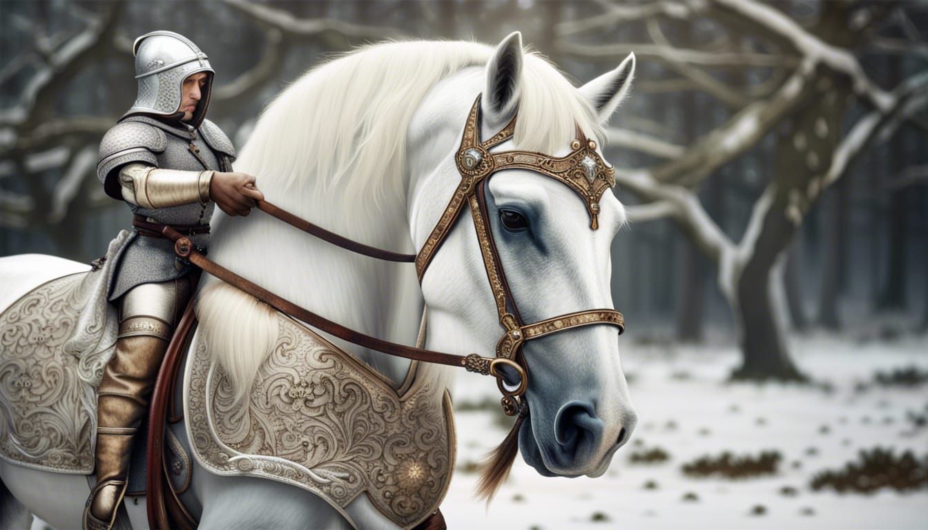 Medieval Horseman Leads White Horse in Renaissance Style