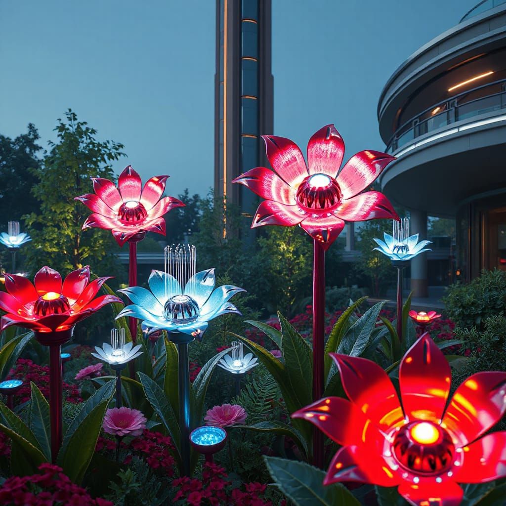 Vibrant Mechanical Flowers in Futuristic Garden