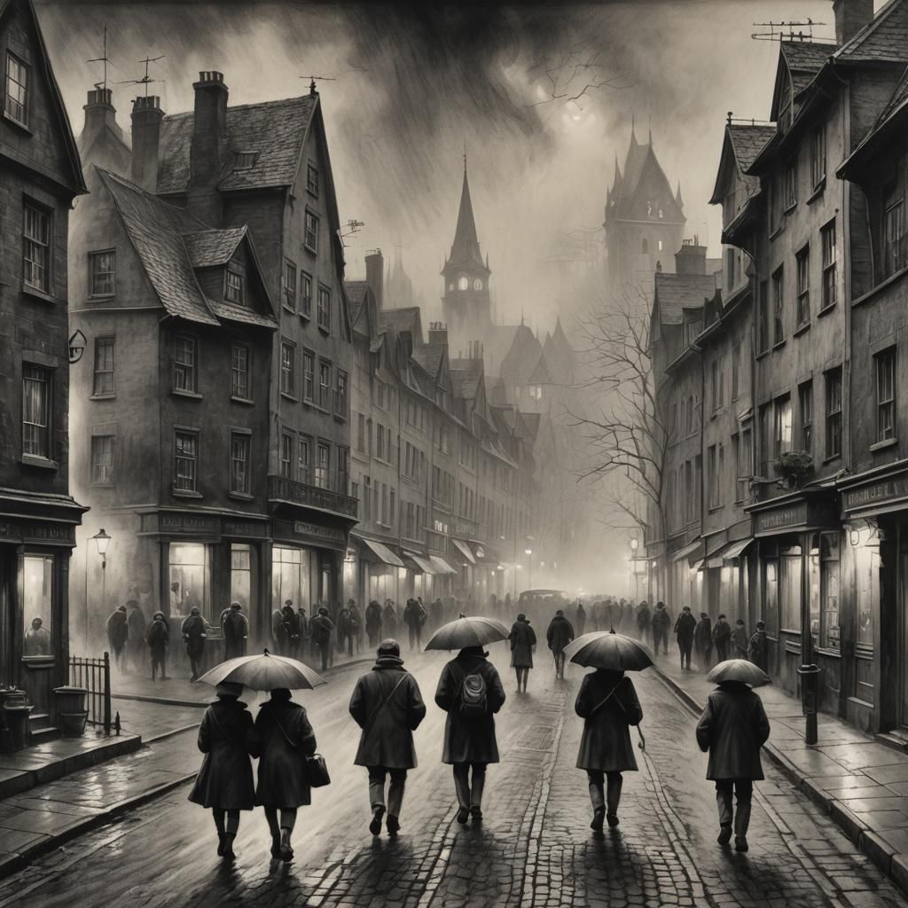 City Street Scene in Charcoal with Fog