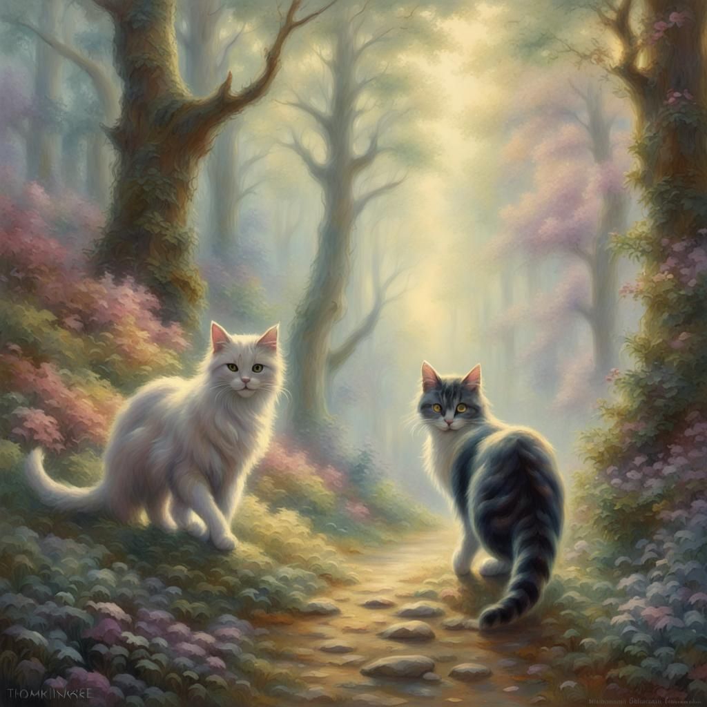 Cats Walking in Ethereal Forest Landscape