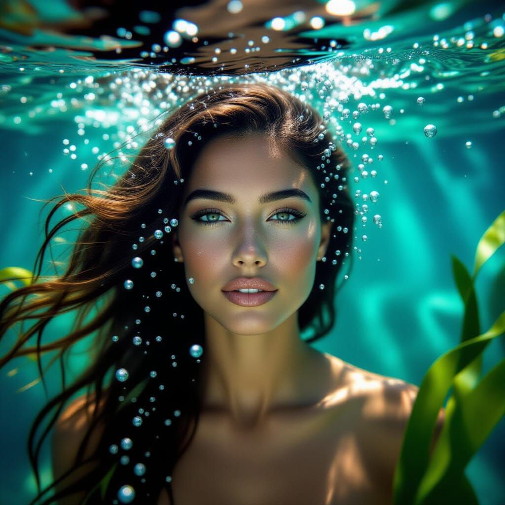 Woman Underwater Portrait with Flowing Hair and Bubbles