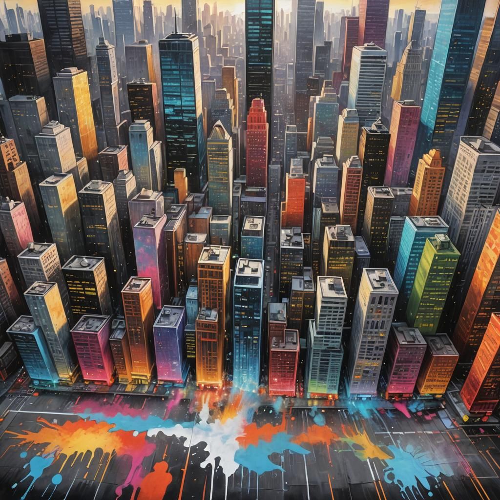 Colorful Chalk Art of City at Sunrise