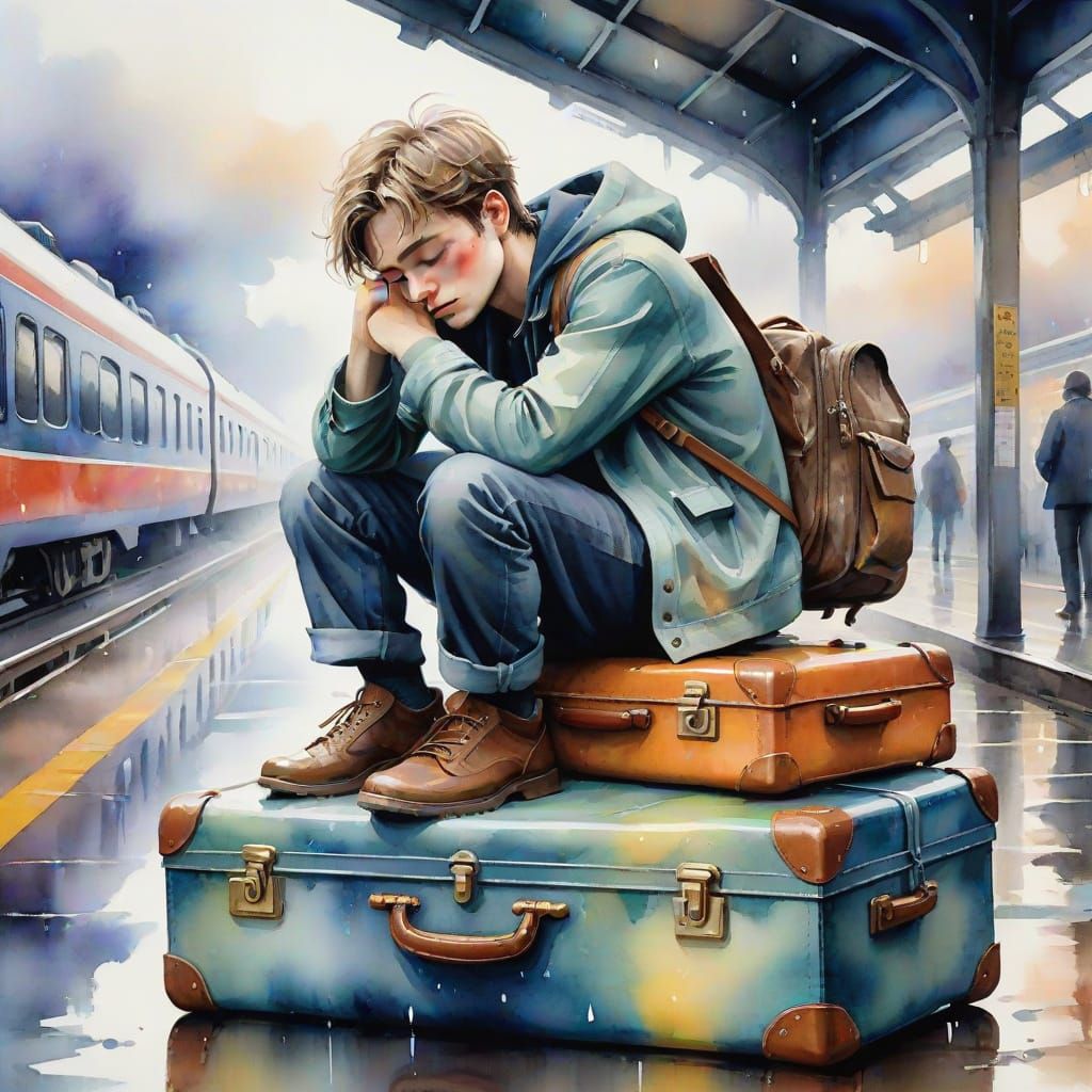 Sleepy Boy Rests on Suitcases in Dreamy Train Station