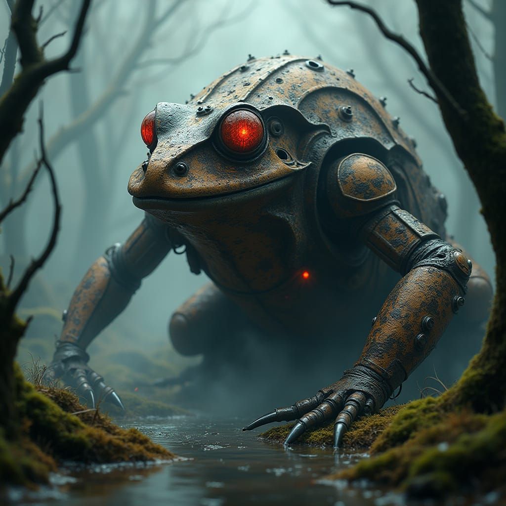 Mechanical Frog Monster in Haunted Swamp, Dark Fantasy