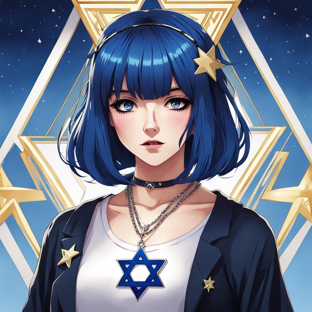 Anime Girl with Dark Blue Hair and Star Necklace