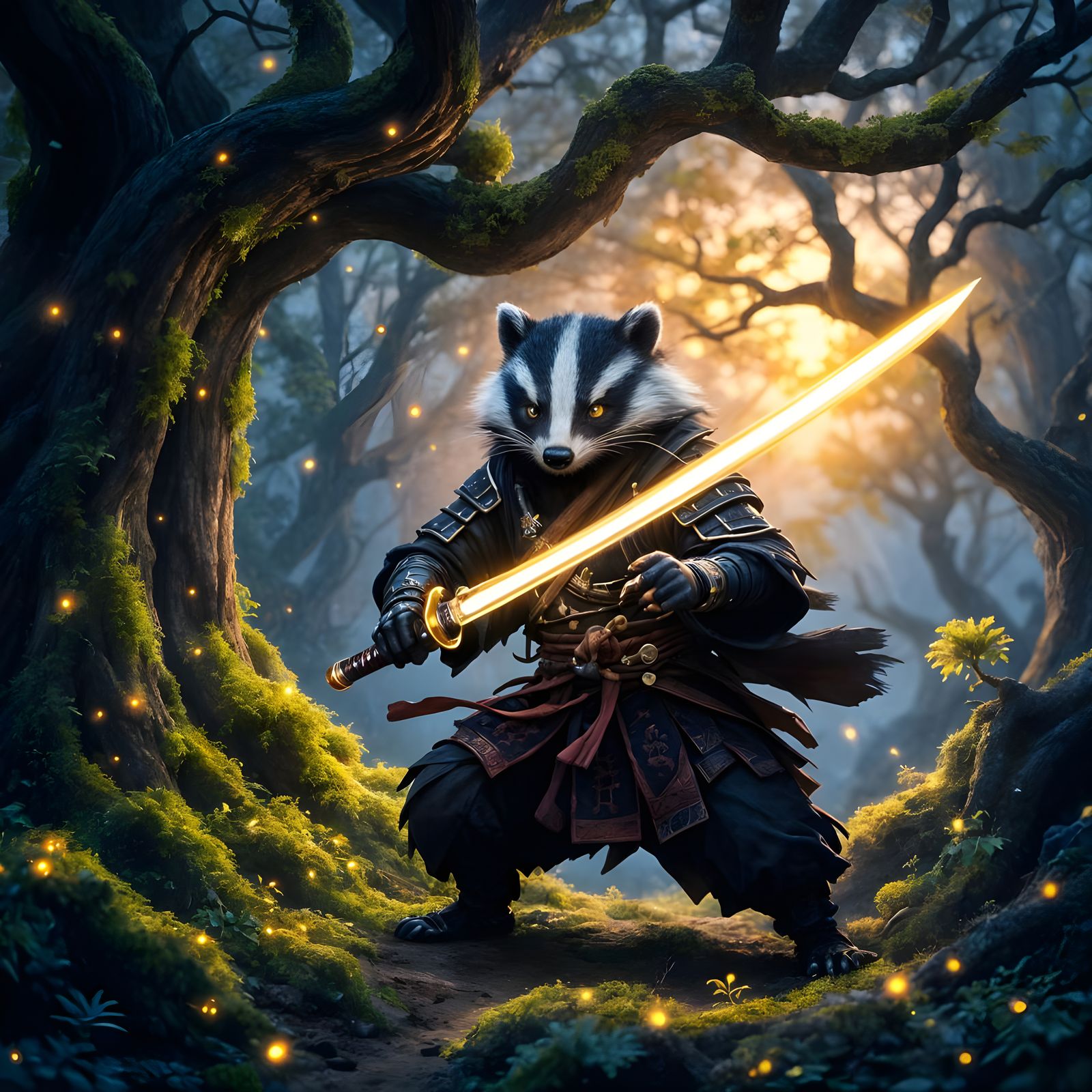 Samurai Badger in Mystical Forest at Twilight