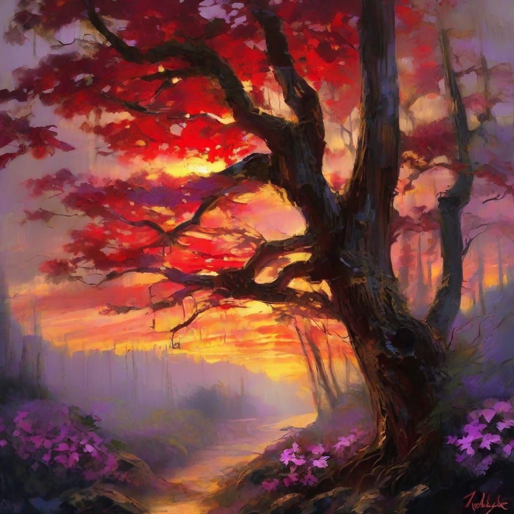 Hazy Pine Forest with Purple Flowers at Sunset