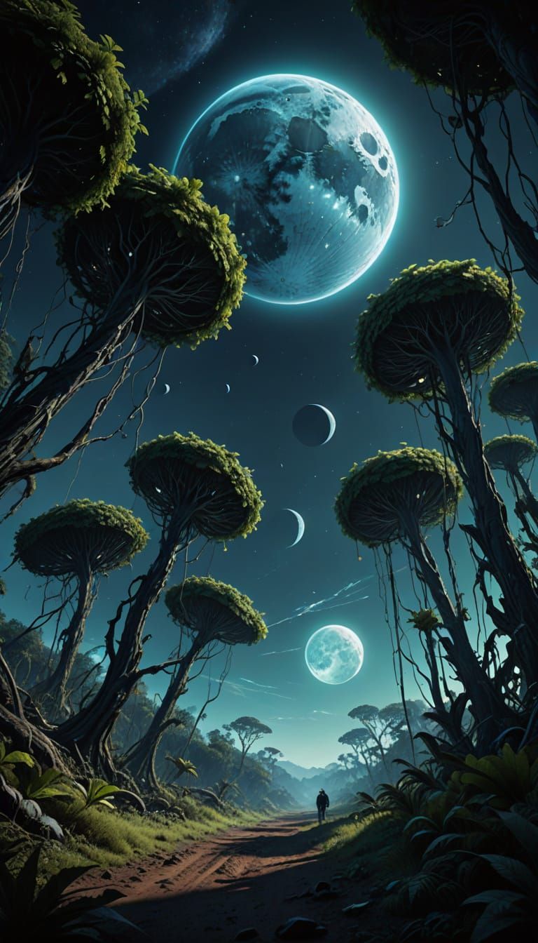 Futuristic Bioluminescent Forest with Racing Ships