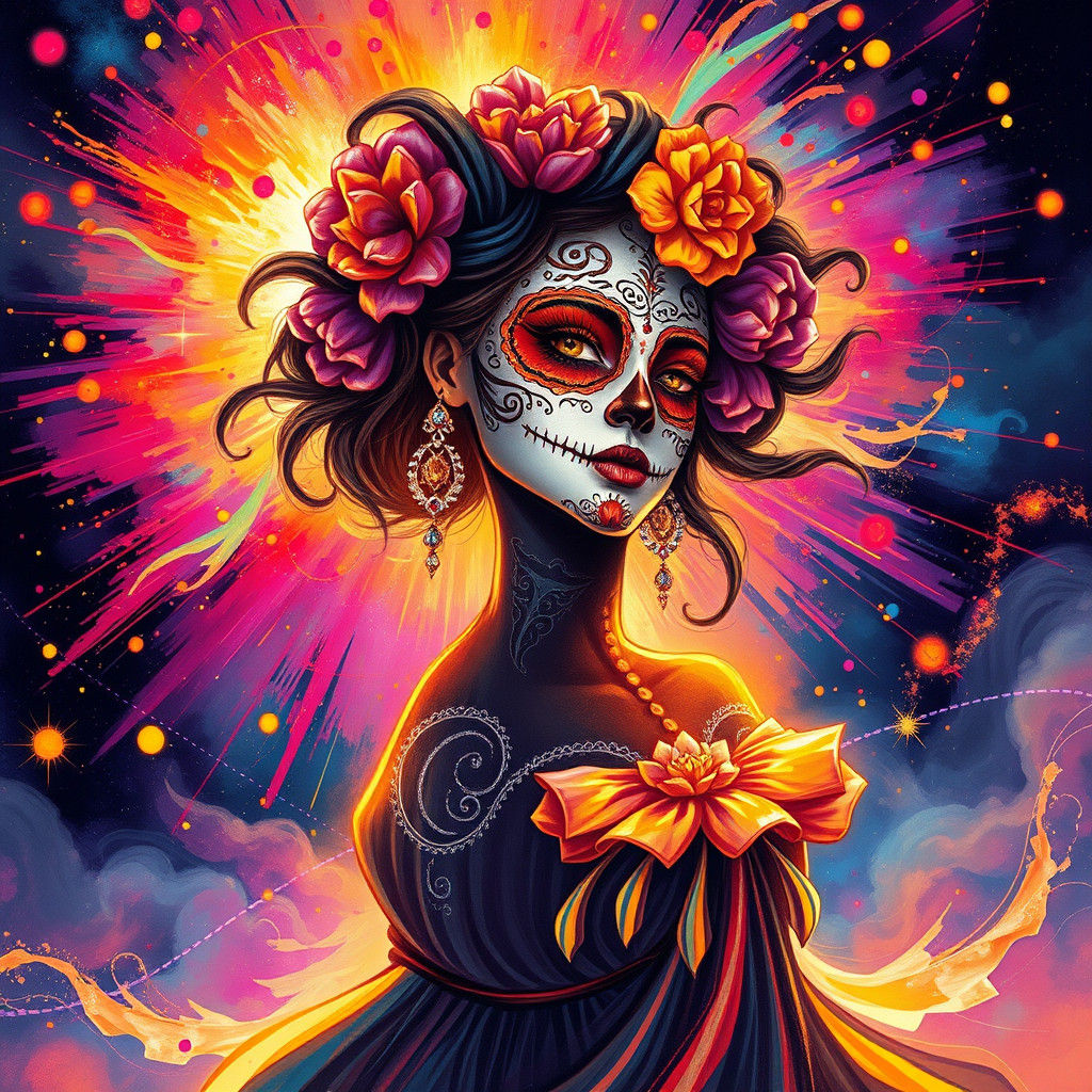 Woman with Día de los Muertos Face Paint in Cosmic Style