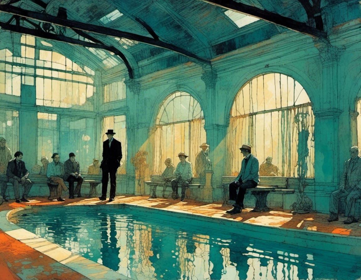 Brooklyn Pool Scene in Australian Tonalism Style