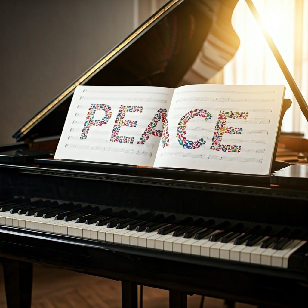 Colorful Musical Notes Spell PEACE on Piano