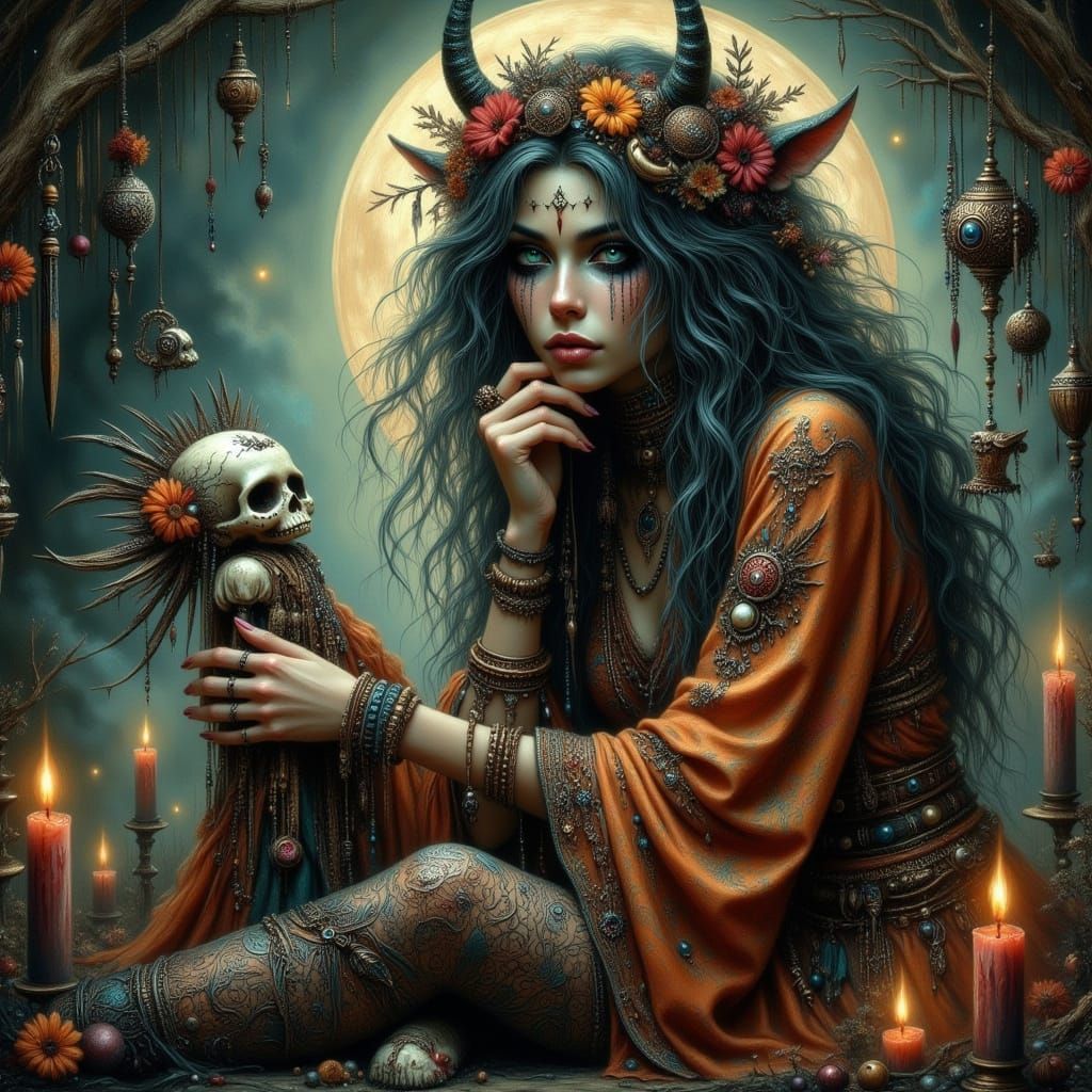 Mysterious Dark Pixie Voodoo Priestess in Elegant, Embroider...