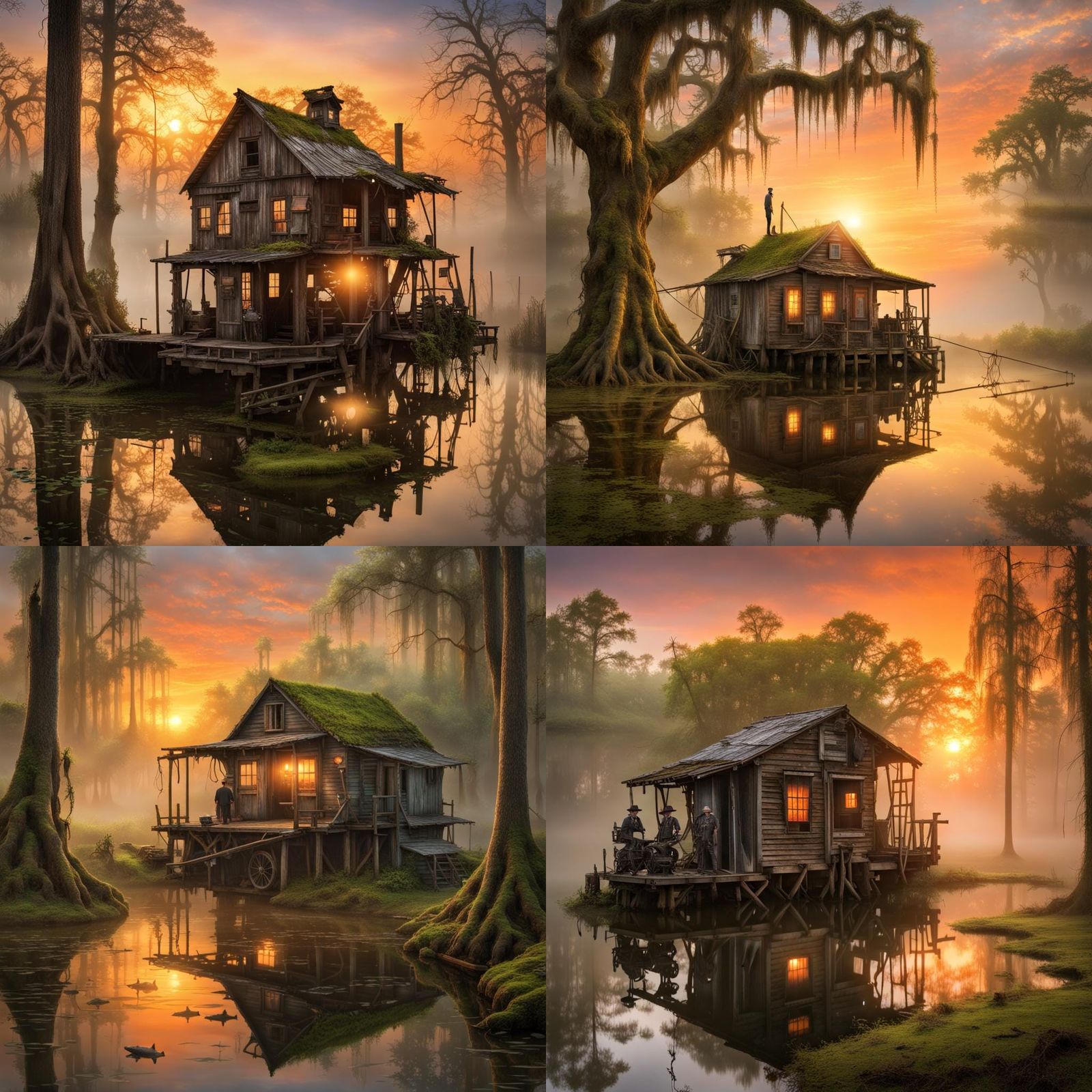 Steampunk Shack in Cypress Swamp at Sunrise