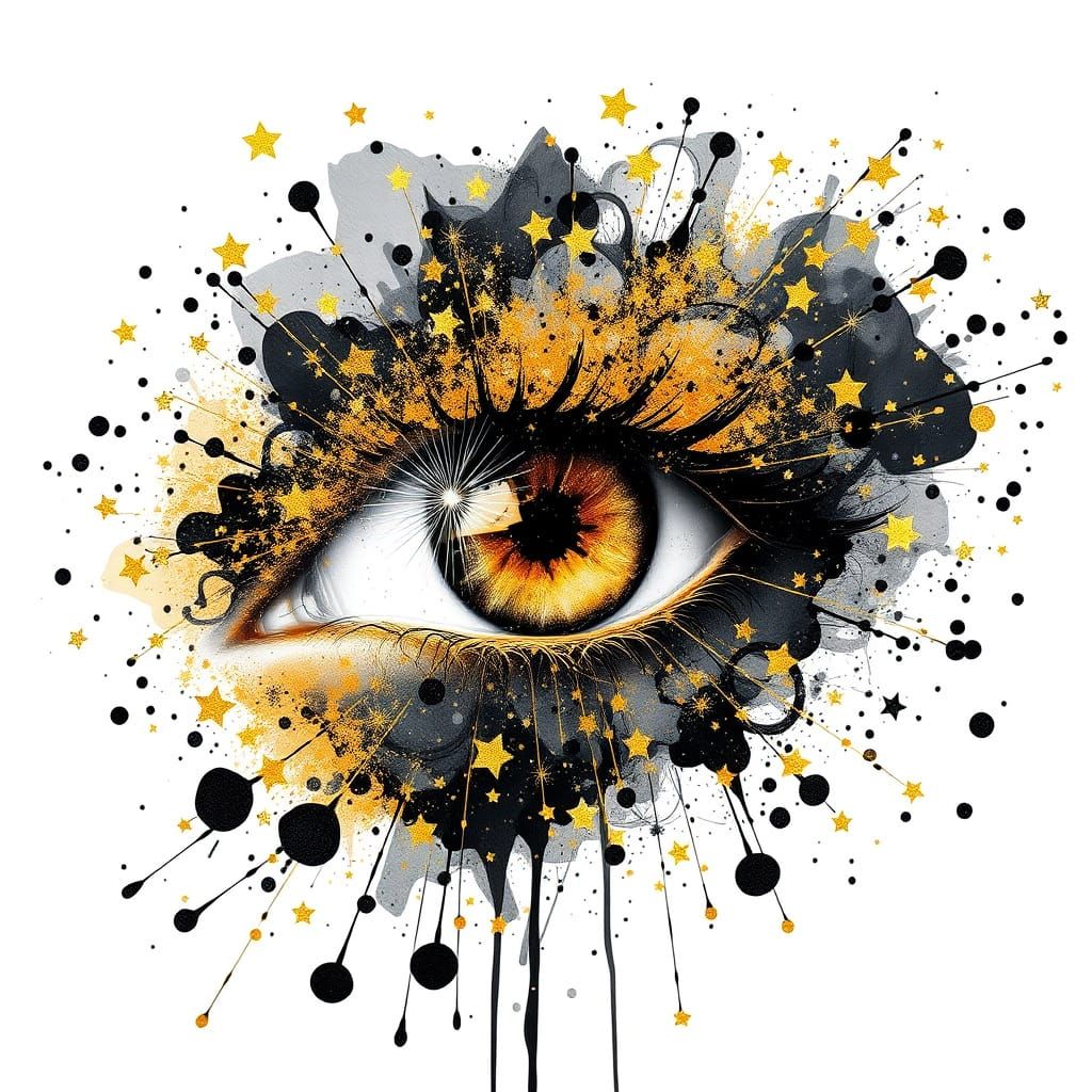 Golden Eye in Sparkling Starry Watercolor Splash Art