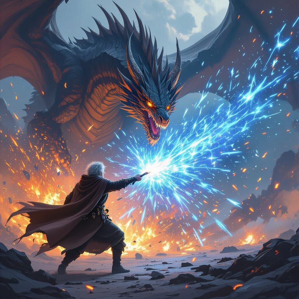 Young Mage Battles Dragon with Elemental Magic