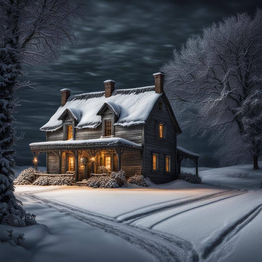 Snowy Christmas Night at a Farmhouse
