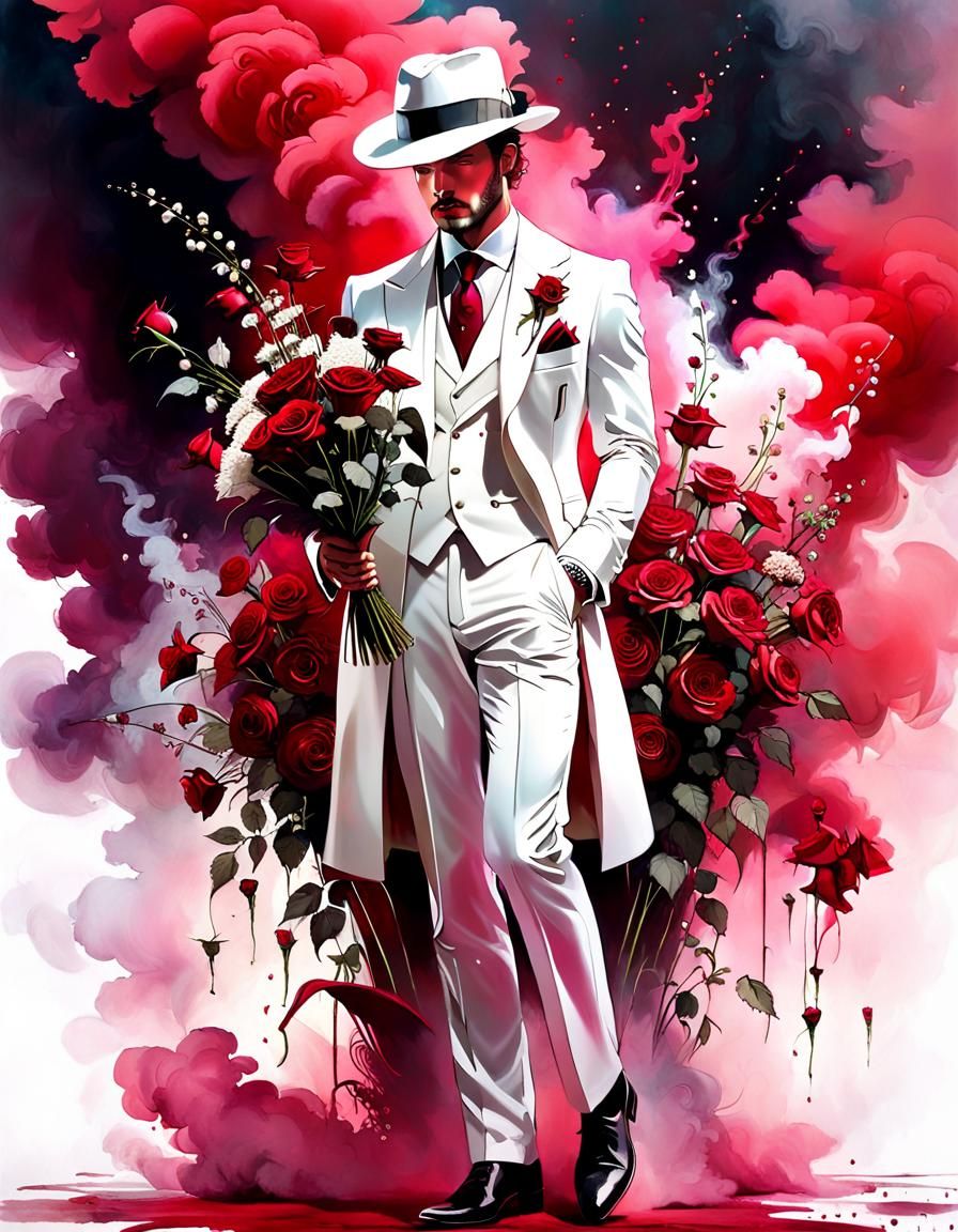 Elegant Gentleman with Roses in Ethereal Smoke