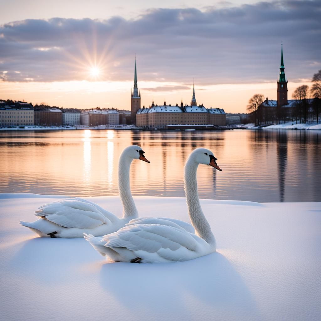 Swans at Sunset in Stockholm: A Silvery Scene