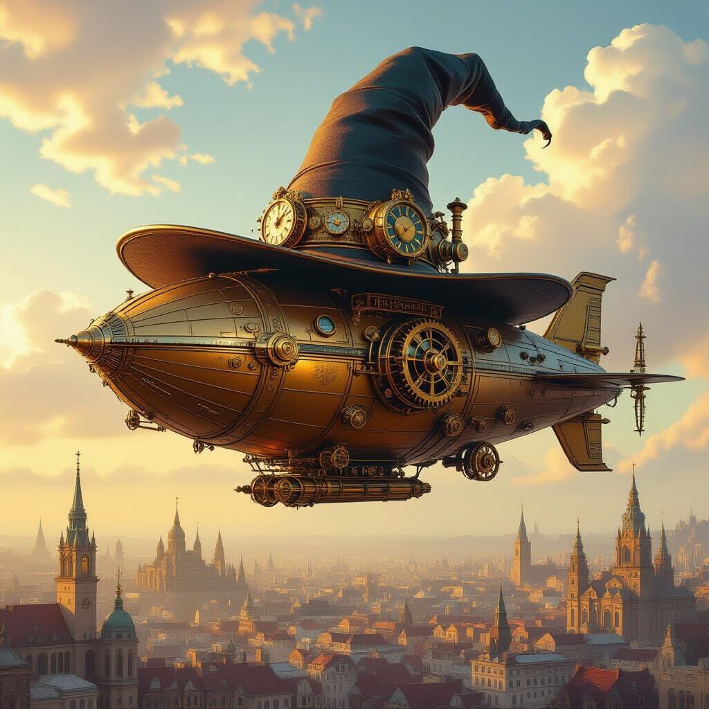 Steampunk Airship Over Victorian City in Syd Mead Style