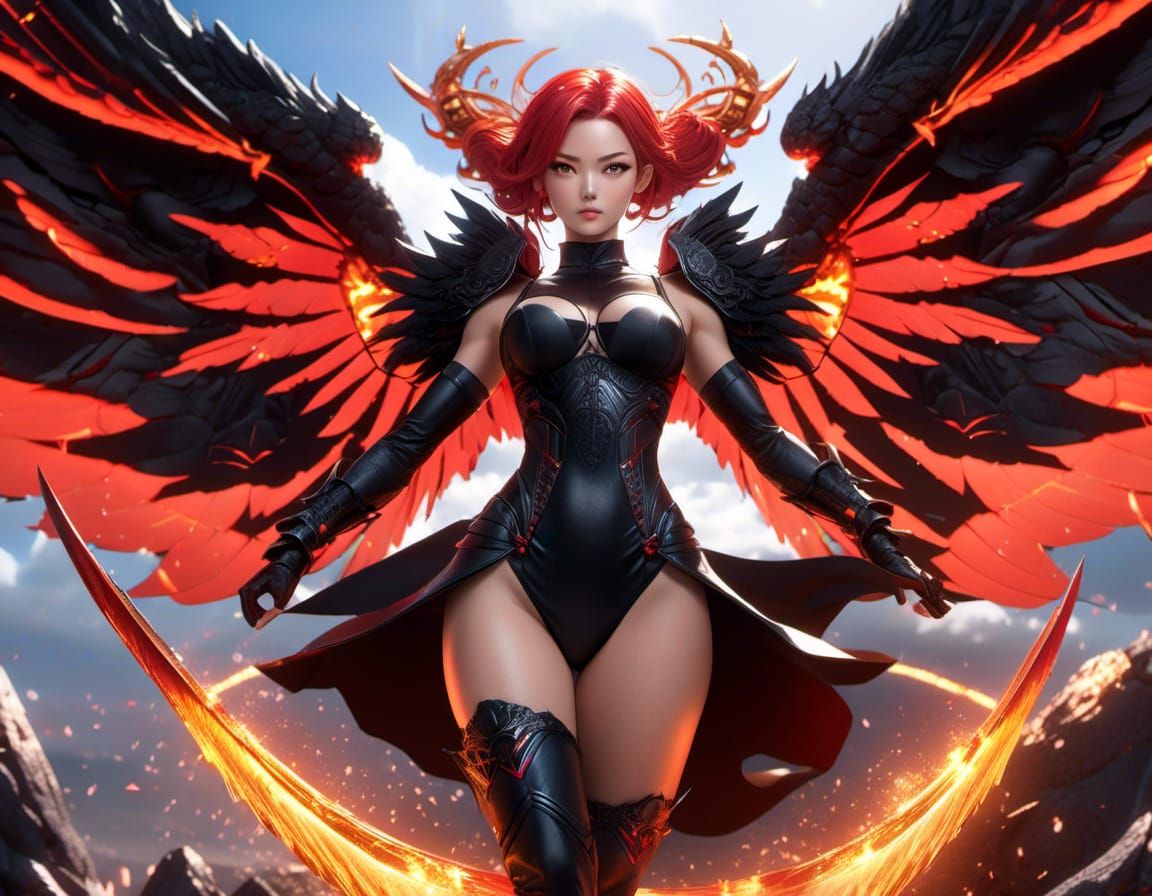 Demonic Woman Flies Over Lava Landscape