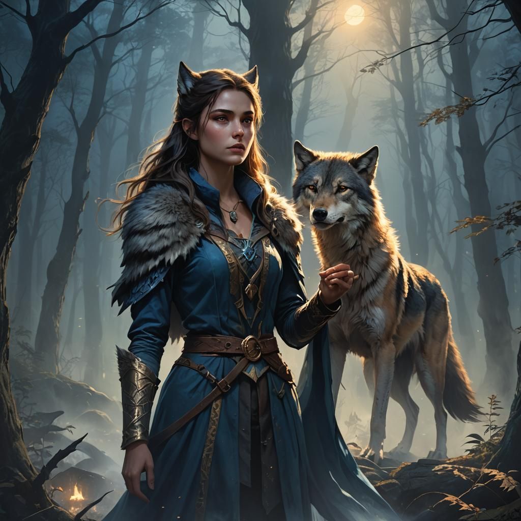 Fantasy Werewolf Woman in Moonlit Forest