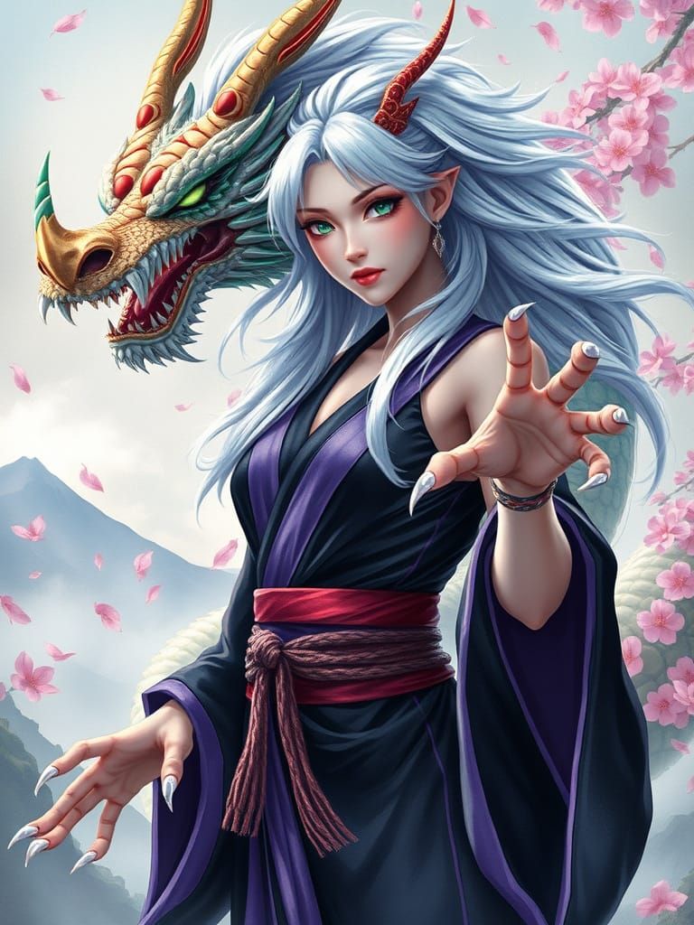 Majestic Dragon Woman in Vibrant, Dynamic Anime Style
