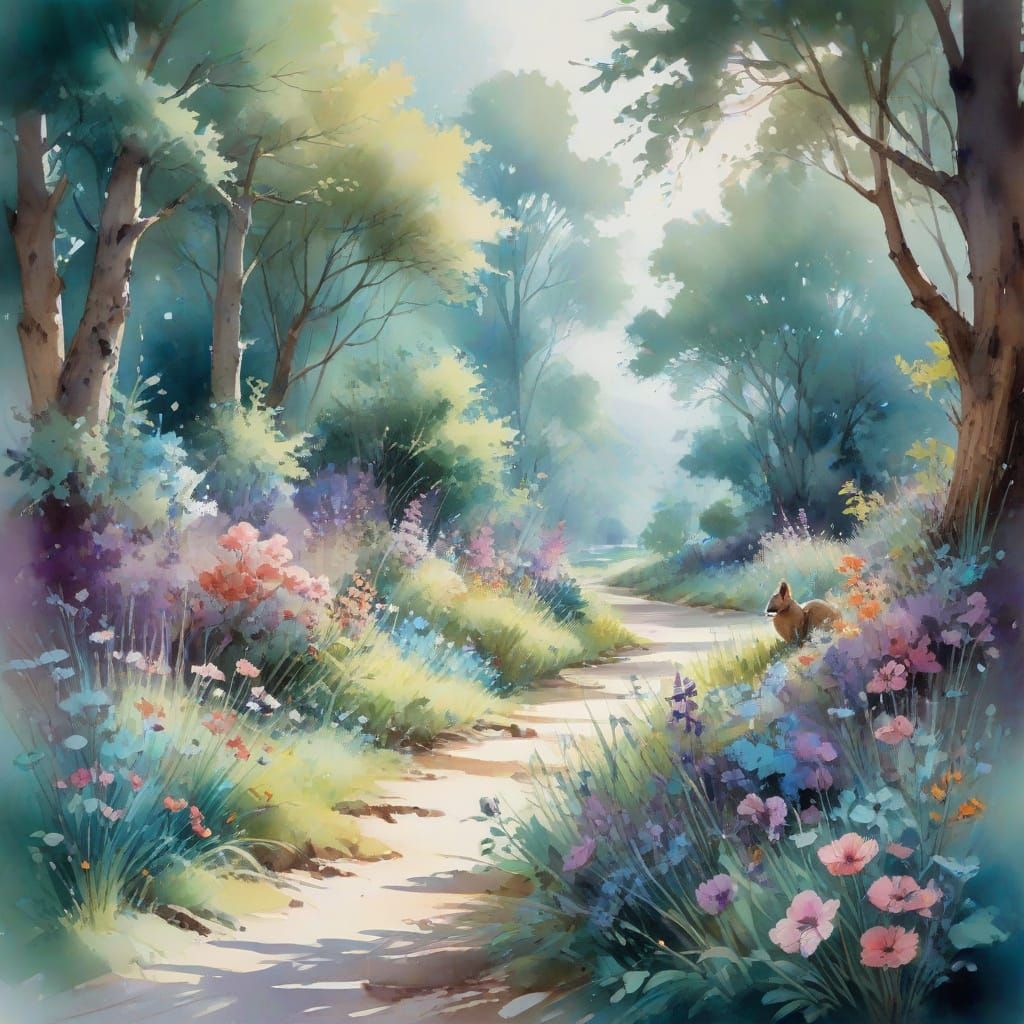 Lush Watercolor Landscape with Animals